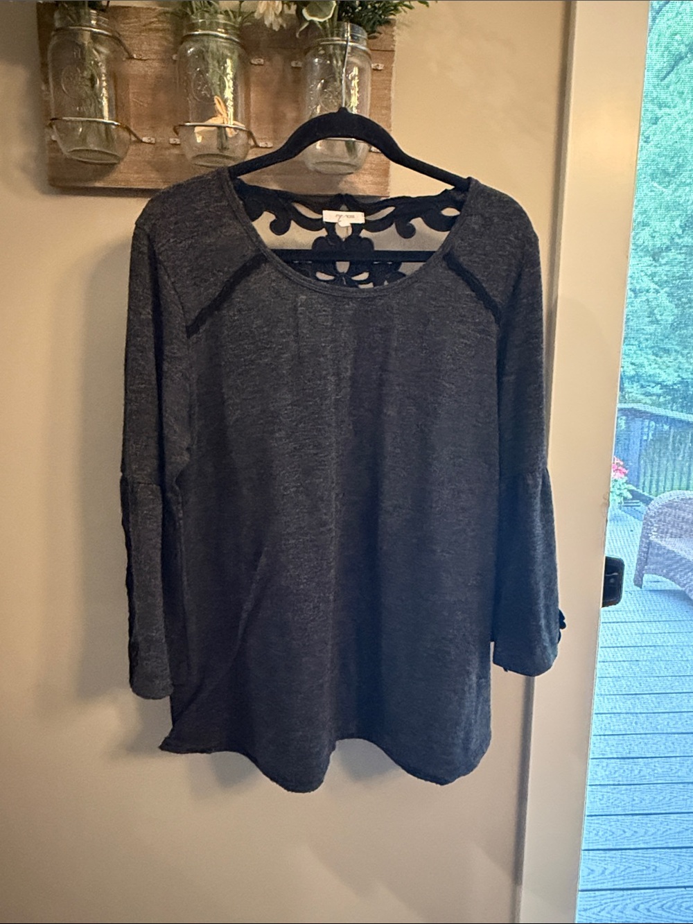 Maurices Dark Charcoal Gray Long Sleeve Top with Crochet Back